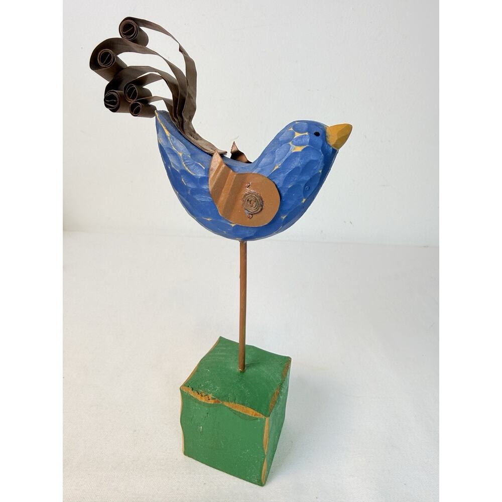 Primative Folk Art Blue Wooden Bird With Metal Feathers And Tail On Pedestal